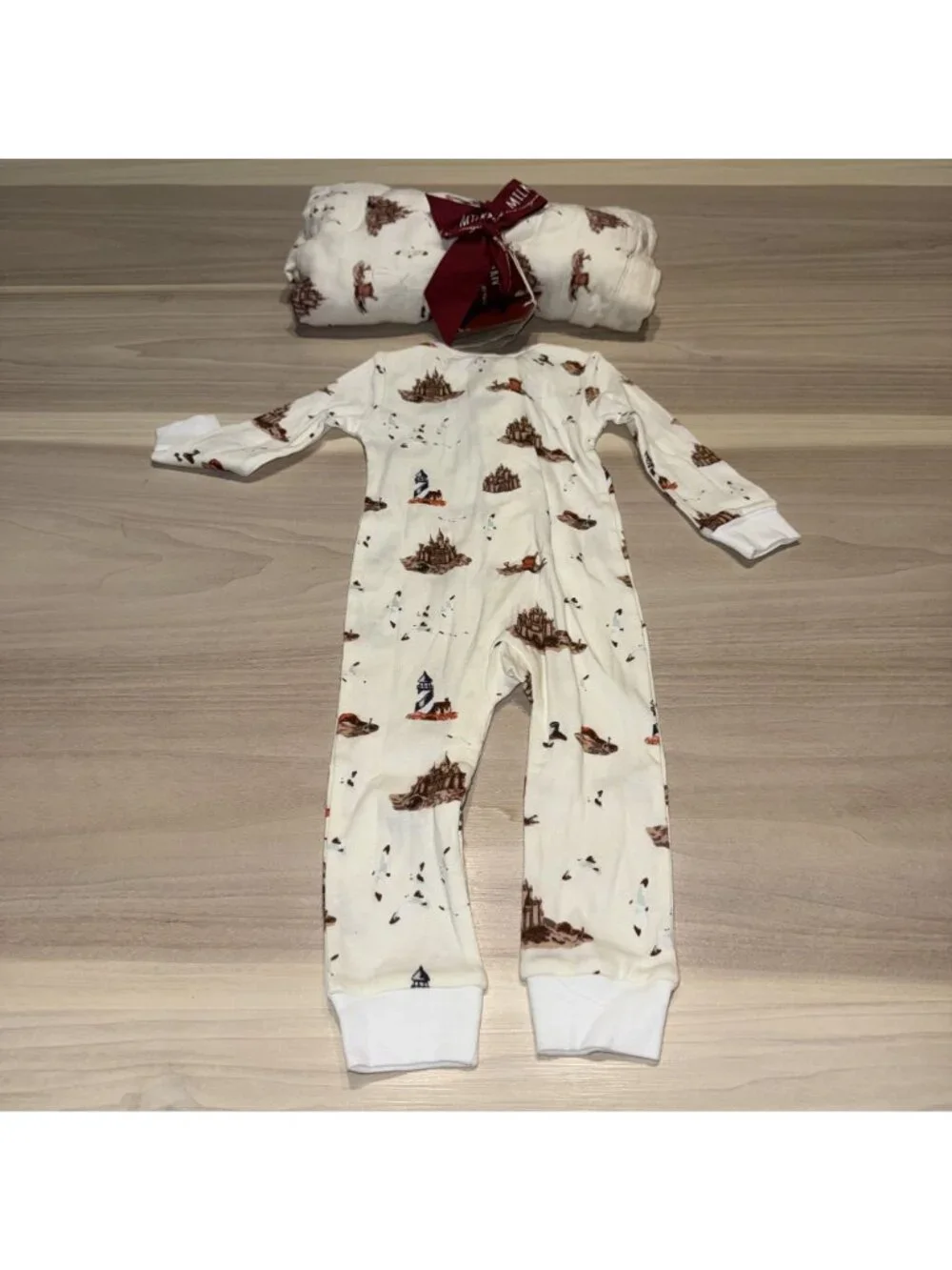NWT Milkbarn Sandcastle Cotton Zipper Pajama & Blanket Baby Size 6-9 Months